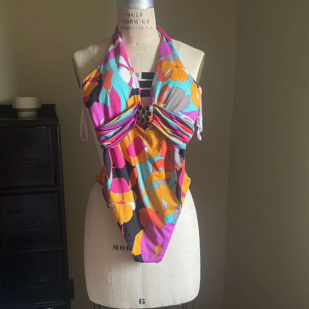Trina Turk Gemini Tropical Colorful Floral Halter Swimsuit